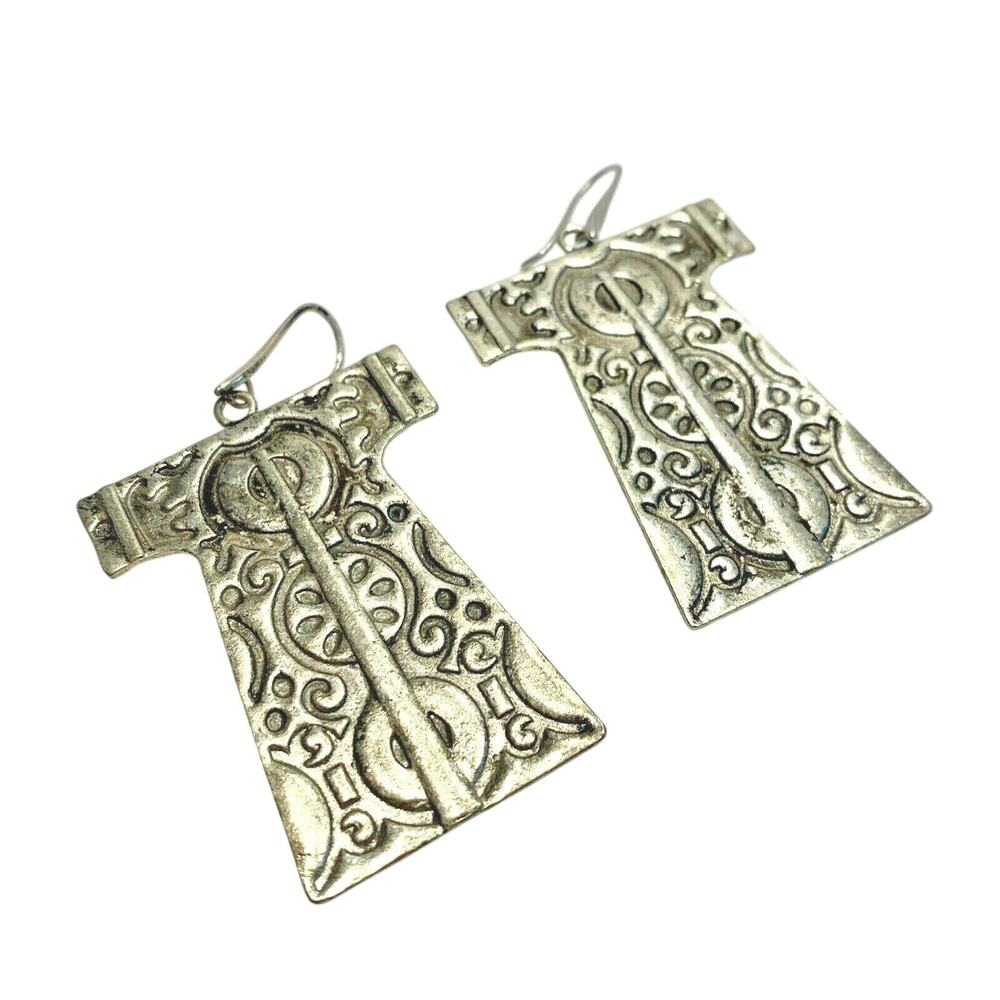 Vintage Y2K pierced earrings silver Hawaiian Tiki Kimono design drop & dangle